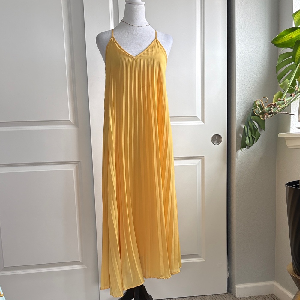 She + Sky Golden Yellow Pleated Maxi Slip Dress Fully lined
